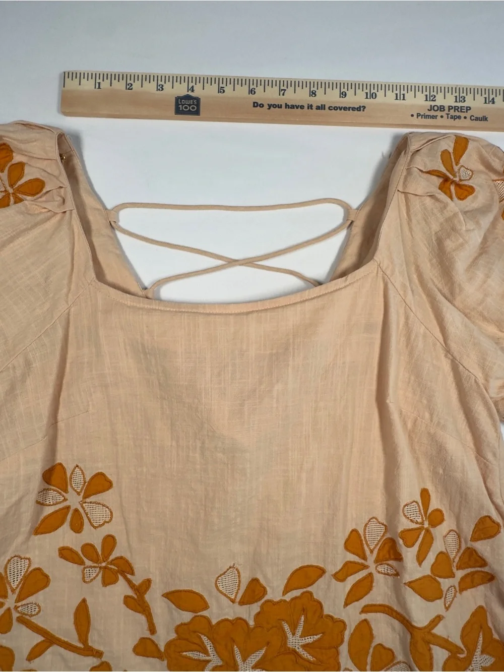Madewell Orange Floral Embroidered Puff Sleeve Top Small Lace Up Back Rust Trim